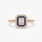 Inel din aur cu safir natural albastru rotund si diamante