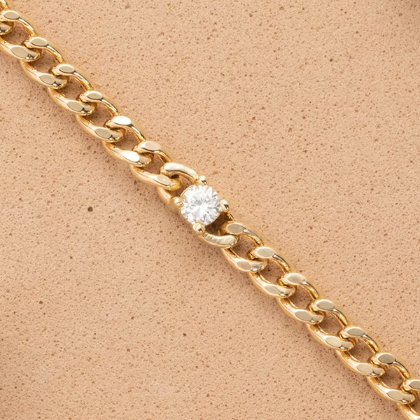 Bratara din aur cu lant cubanez si diamant rotund in montura clasica