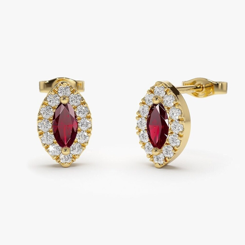 Cercei din aur cu rubin natural si diamante model marquise