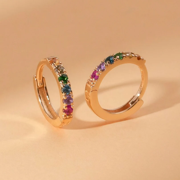 Cercei din aur rotunzi cu safire naturale colorate curcubeu