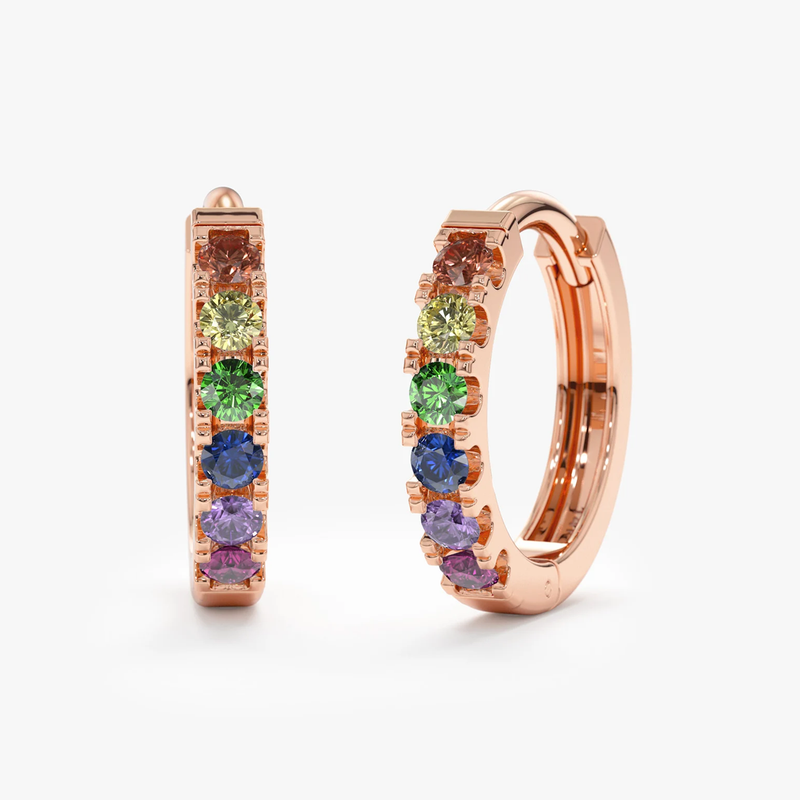 Cercei din aur rotunzi cu safire naturale colorate curcubeu