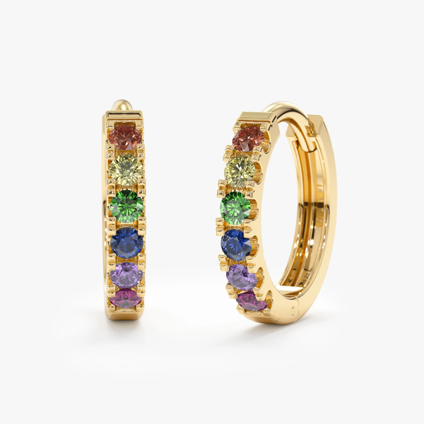 Cercei din aur rotunzi cu safire naturale colorate curcubeu