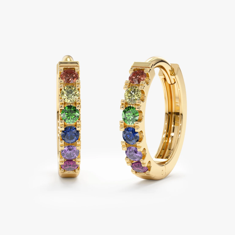 Cercei din aur rotunzi cu safire naturale colorate curcubeu