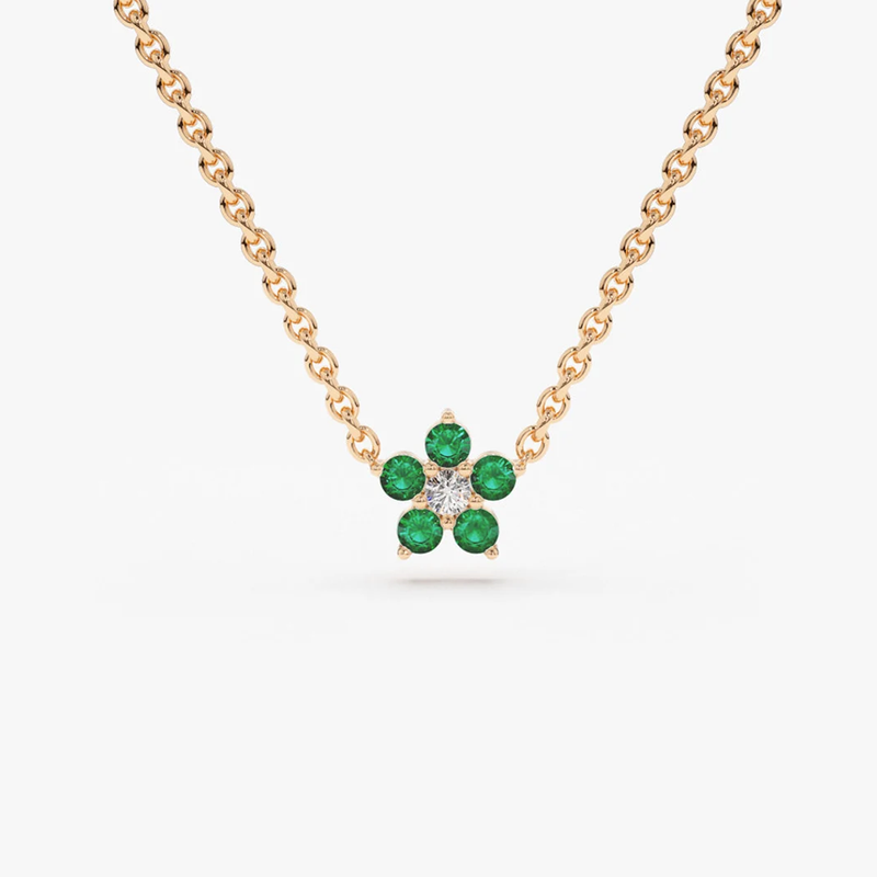 Colier din aur cu smarald natural si diamante in forma de floare