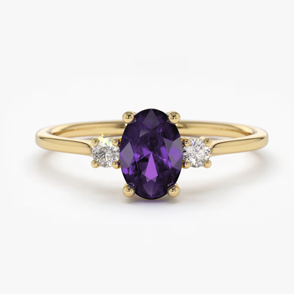 Inel din aur cu ametist natural oval si diamante naturale