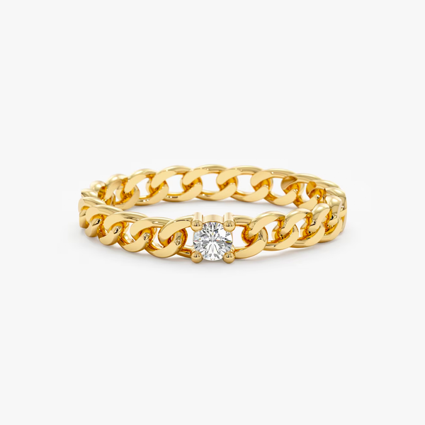 Inel din aur cu lant cubanez si diamant de 0.08 ct