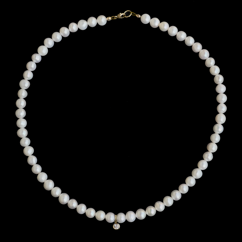 Colier din aur cu perle naturale de cultura si diamant de 0.15 ct
